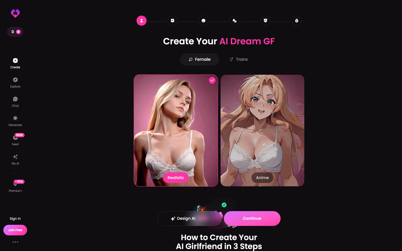 Golove.AI character generator — choosing between Realistic and Anime style as the first step