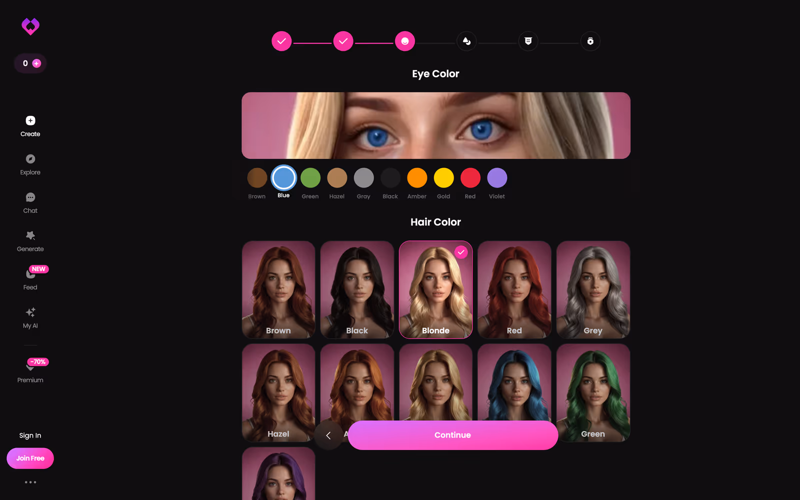 Golove.AI generator presets — visual swatches for eye color and hair color with live preview